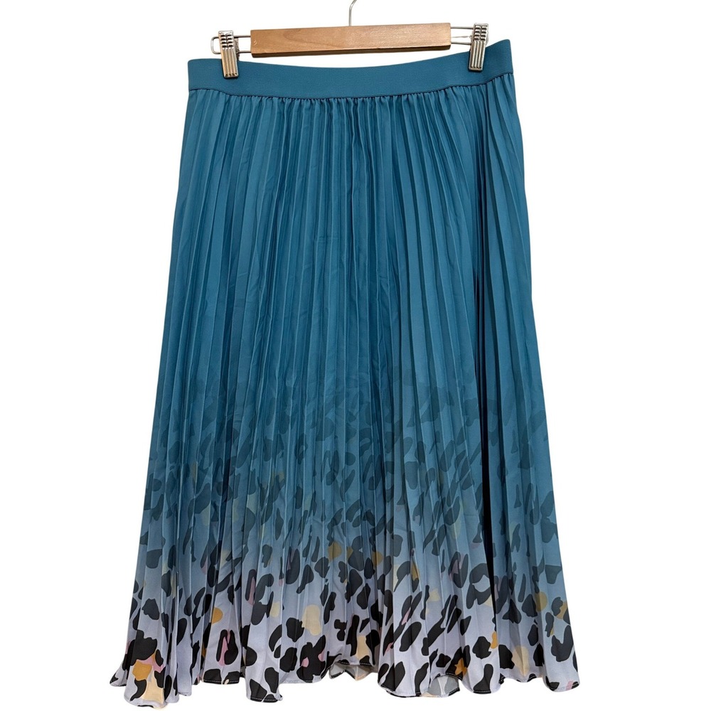 Kate Kasin Women Pleated Midi Skirt XL Teal Ombre Leopard Print Accordion Chic